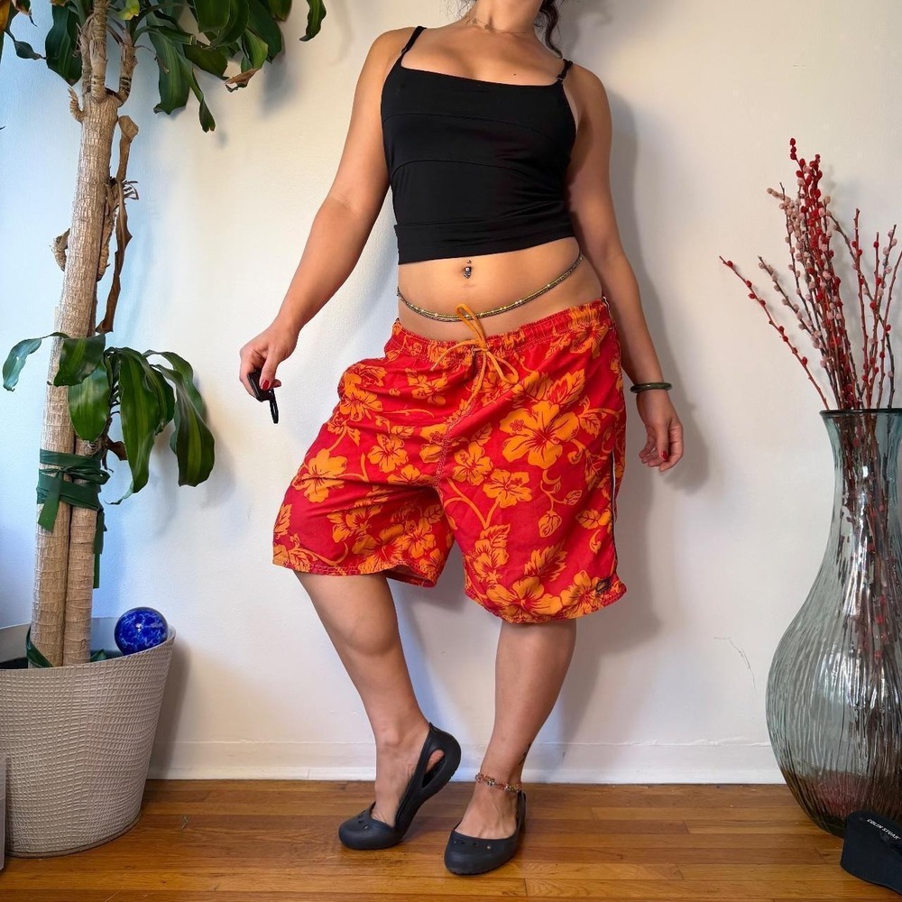 Old Navy Vintage Y2K Hibiscus Floral Swim Shorts Orange Red XL